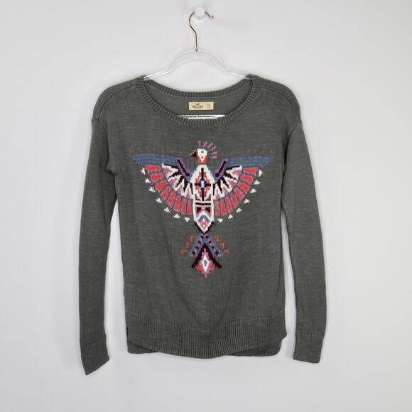 Y2k Hollister Gray Crew Neck Tribal Eagle Sweater Knit Crewneck XS - Picture 2 of 6